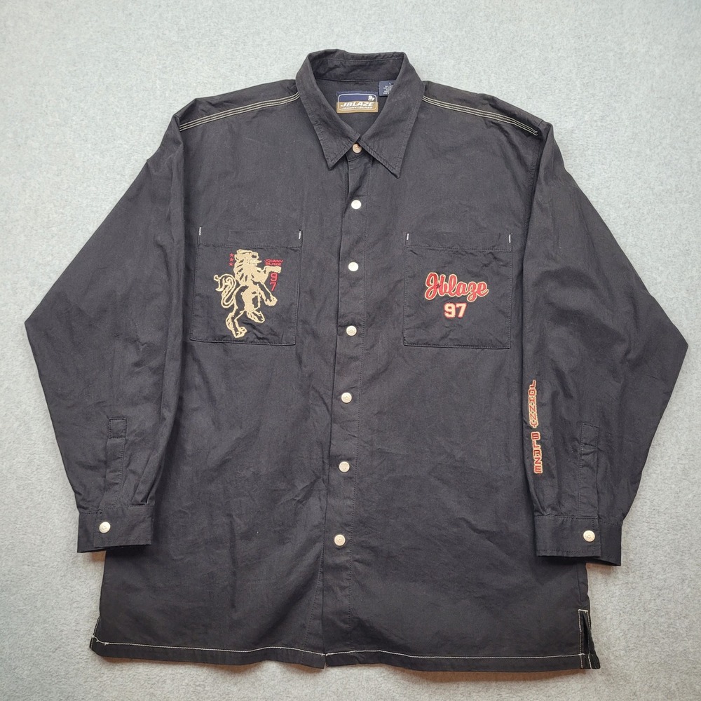 Johnny Blaze Button Up Shirt Mens Large Black Embroidered Lion Hip Hop Y2K 97